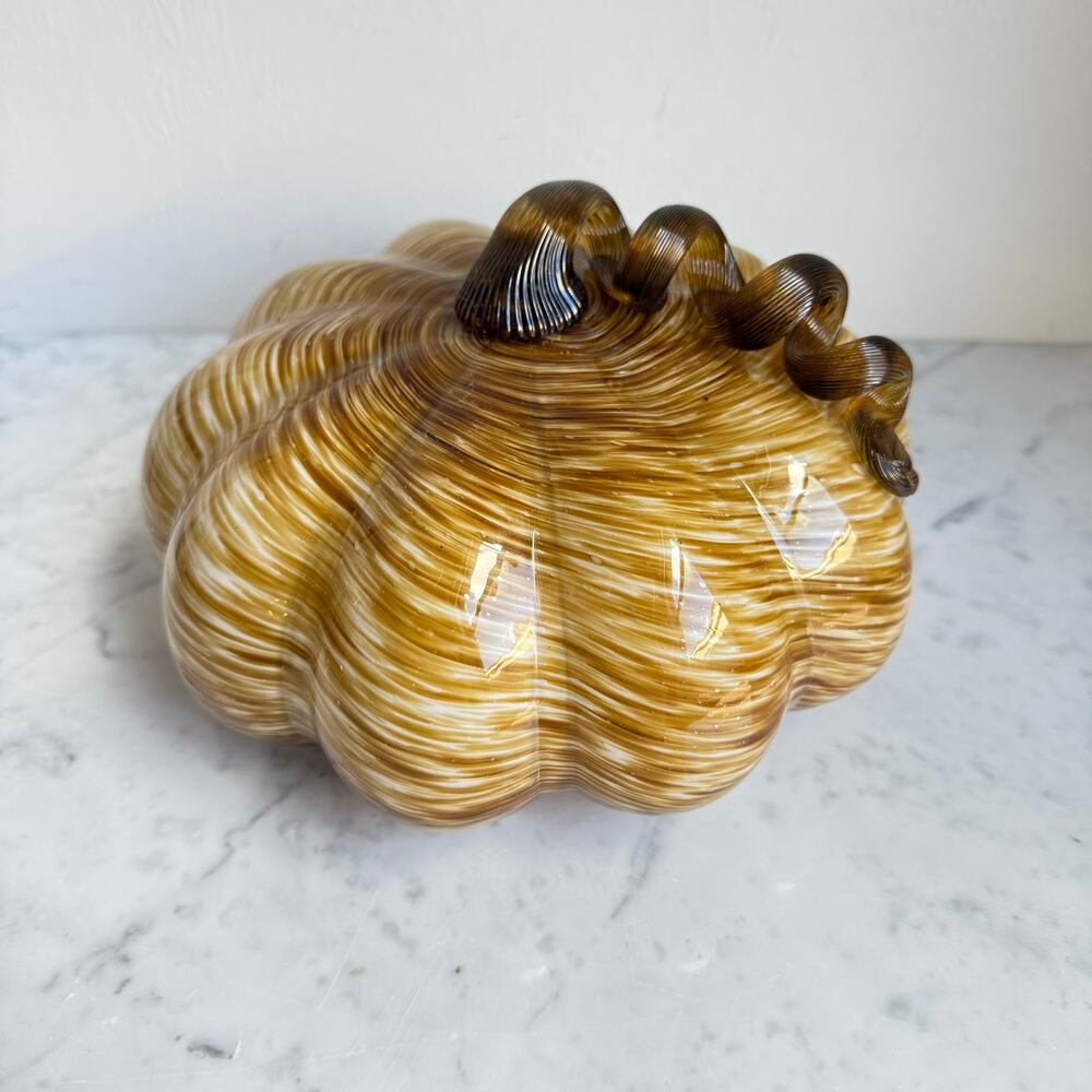 Handblown Glass Pumpkin Fall Harvest Decor Amber Brown Swirl 9”x5.5”